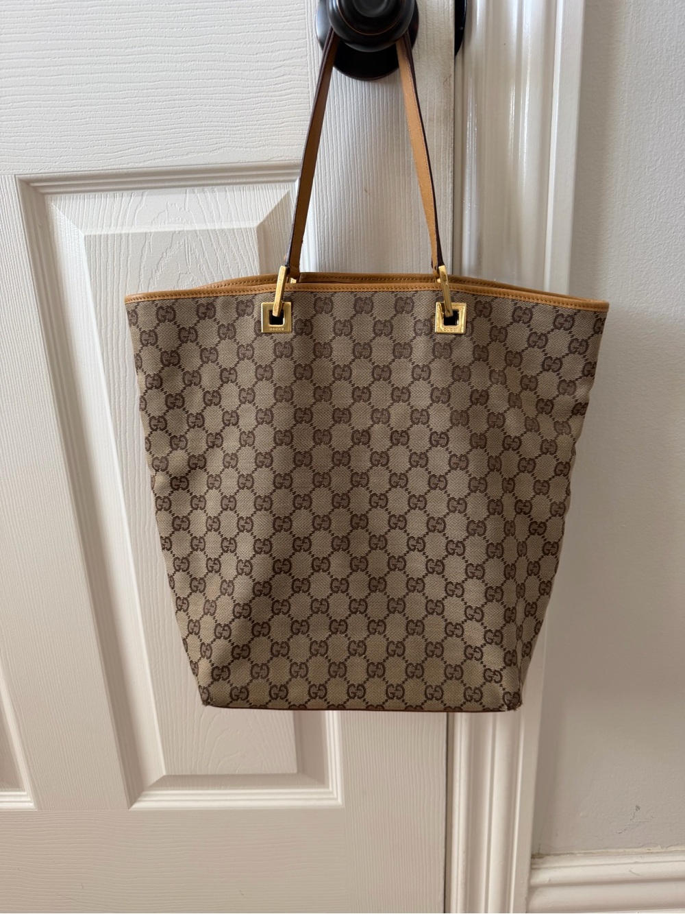 Gucci Beige Monogram Canvas Tote with Gold Hardware